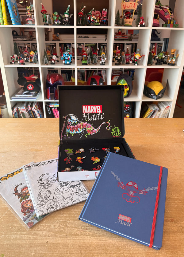 Marvel Made Skottie Young Pin set with Original full color Venom paint sketch