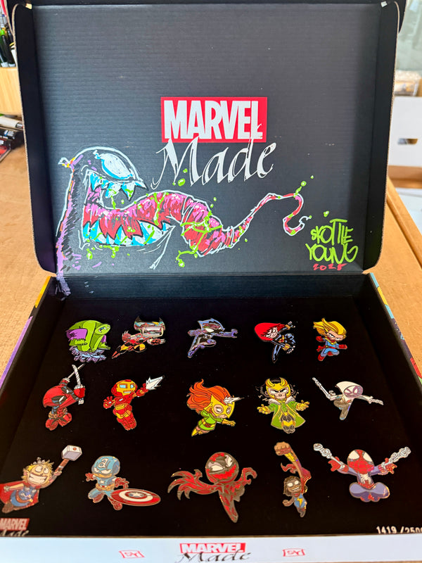 Marvel Made Skottie Young Pin set with Original full color Venom paint sketch