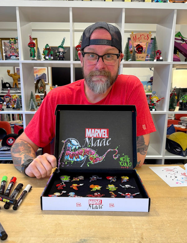 Marvel Made Skottie Young Pin set with Original full color Venom paint sketch